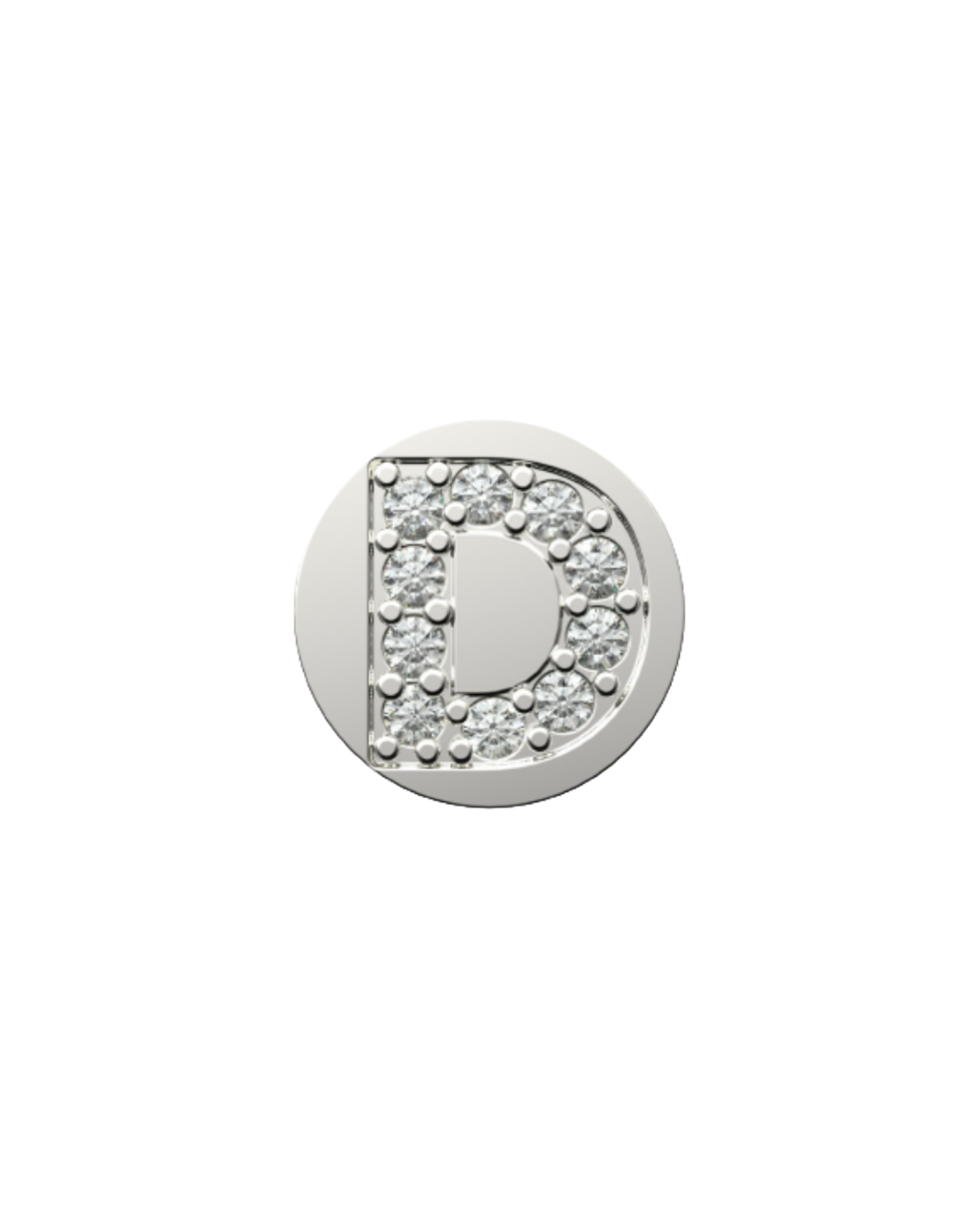 Silver charm with letter 'D' design on a white background