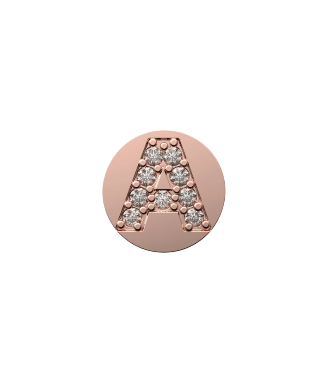 Rose gold charm with letter 'A' design on a white background