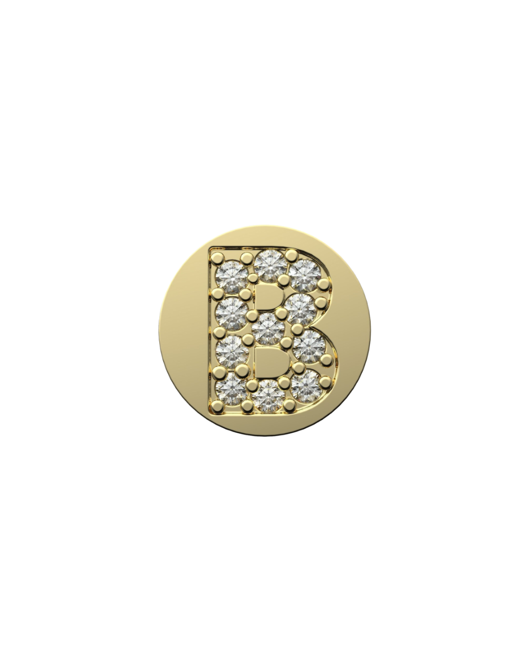 Gold charm with letter 'B' and embedded stones on a white background