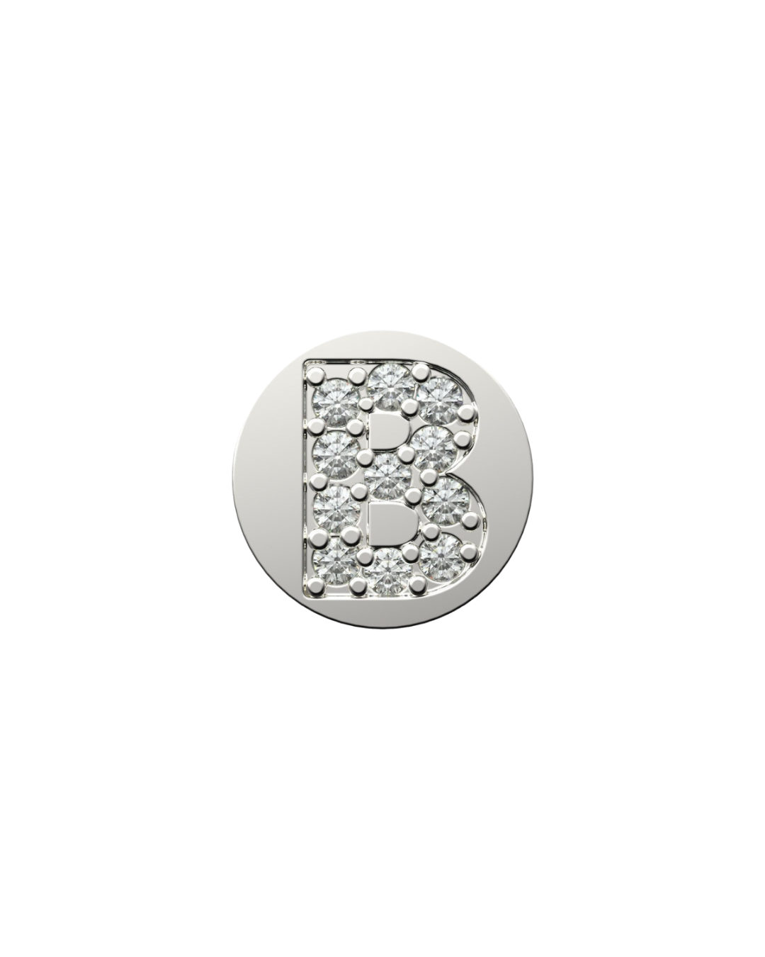 Silver charm with letter 'B' design on a white background