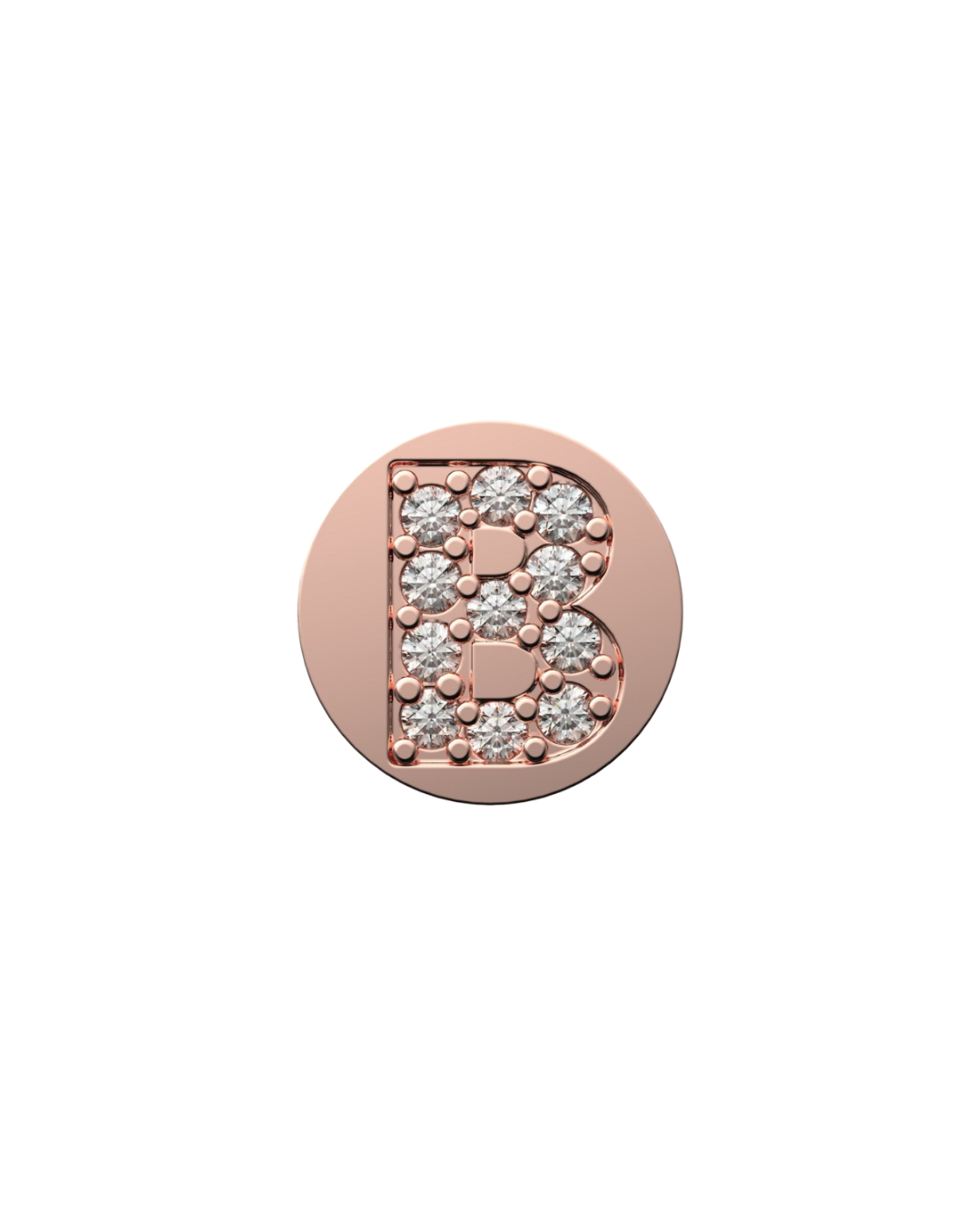 Rose gold charm with letter 'B' made of crystals on a white background