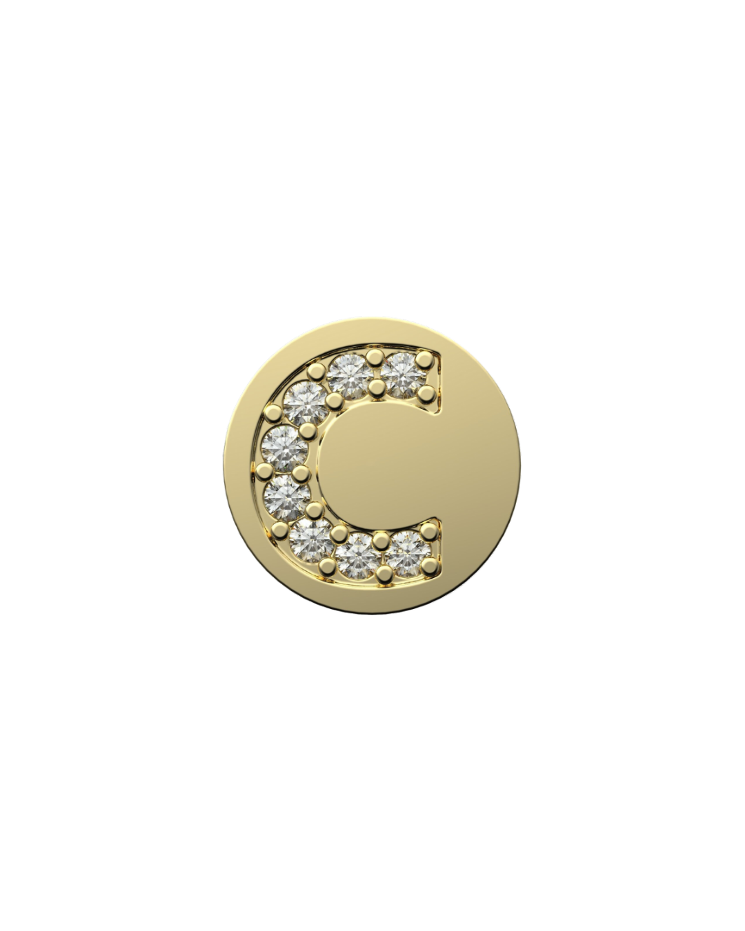 Gold charm with letter 'C' design on a white background