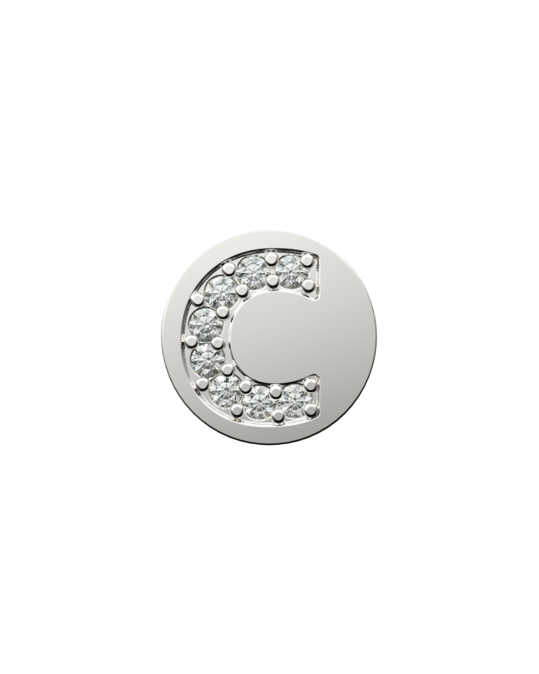 Silver charm with letter 'C' design on a white background