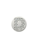 Silver charm with letter 'D' design on a white background